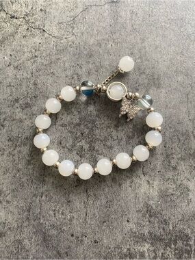 White Beaded Stretch Bracelet with Crystal Charm